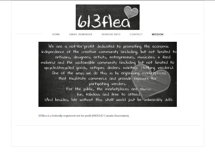 Original 613Flea Mission page showing the handmade chalkboard visual identity