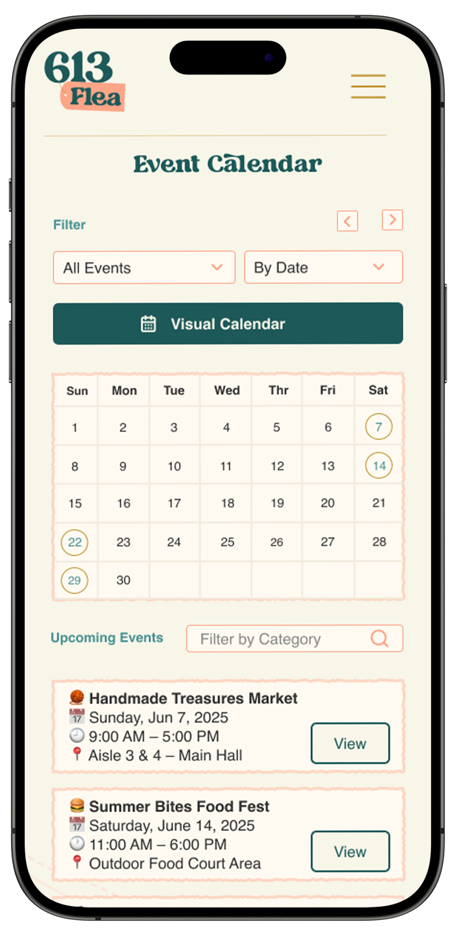 613Flea mobile calendar event page