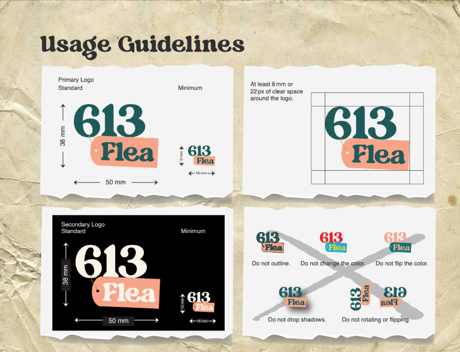 613Flea logo usage guidelines showing measurements and incorrect-use examples