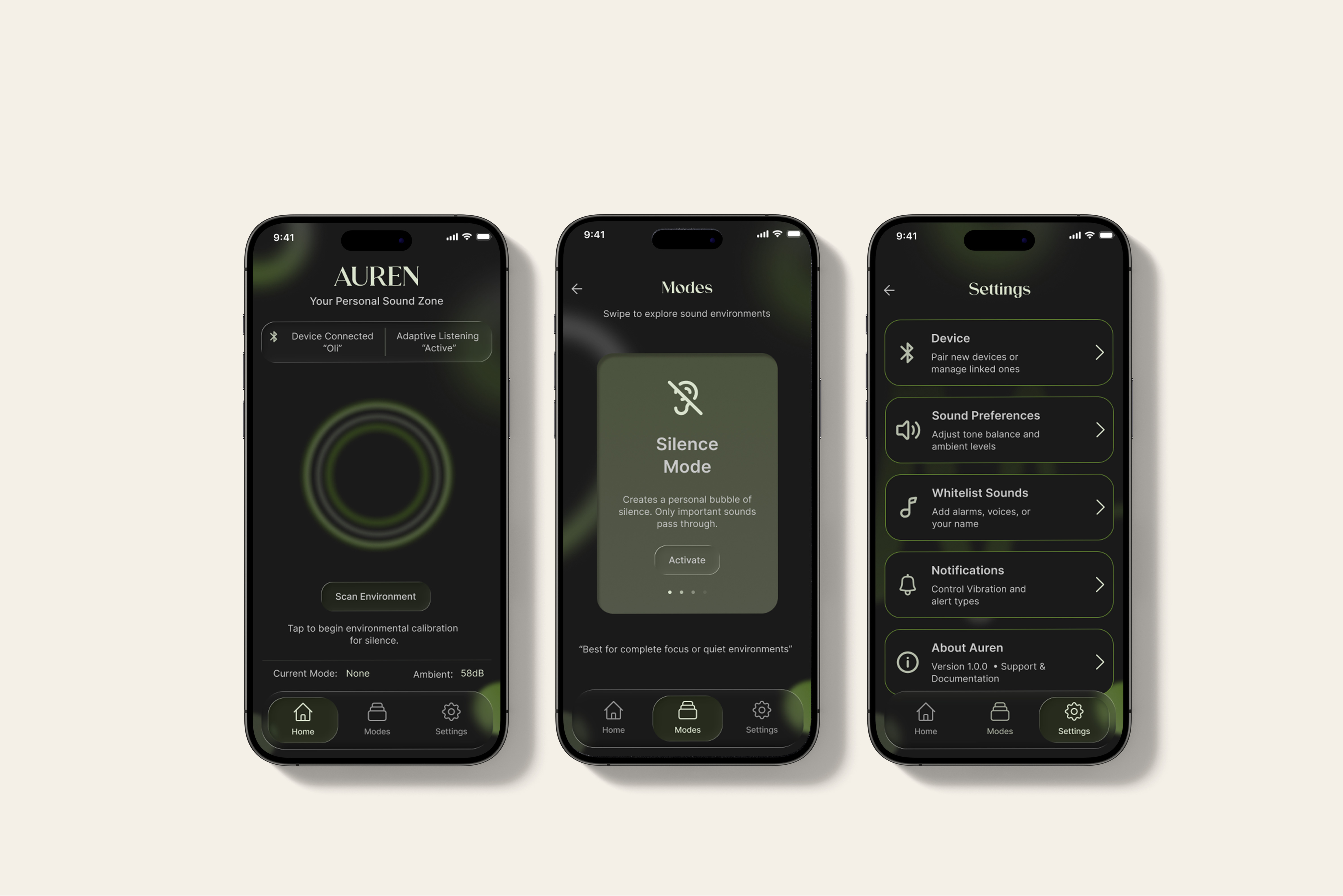 Auren noise cancelling app preview shown on iPhone screens