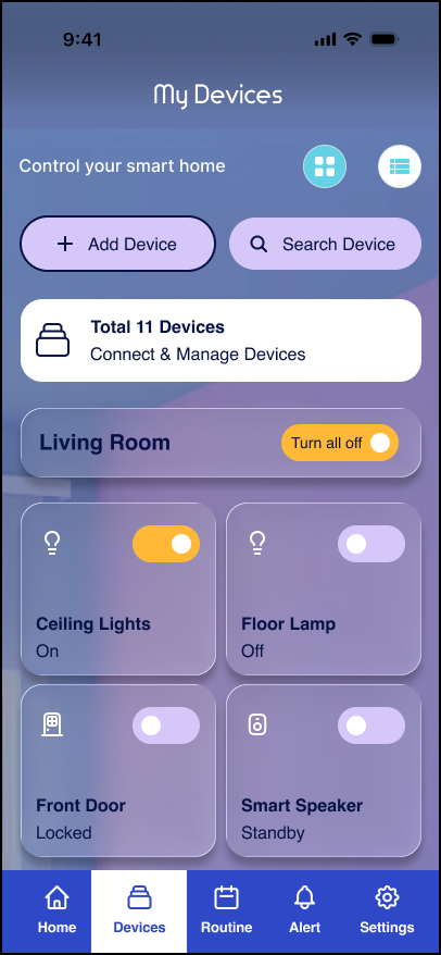 Omvia devices list view screen