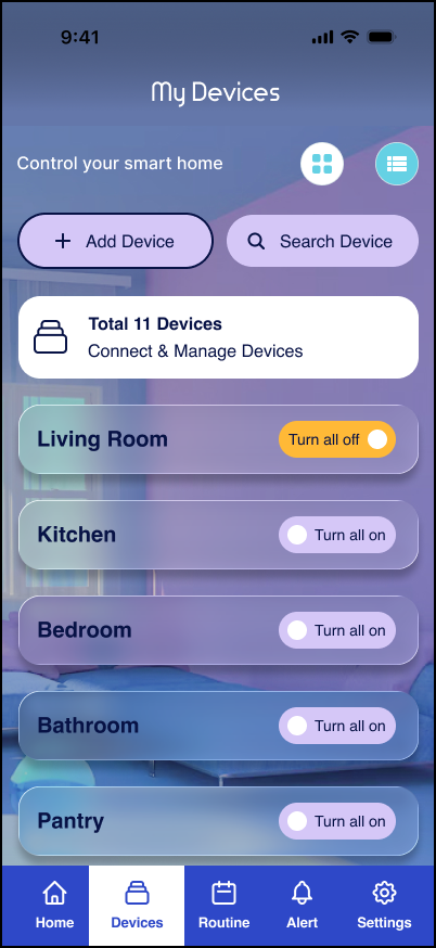 Omvia device detail screen