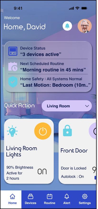 Omvia home screen after contrast and text hierarchy improvements