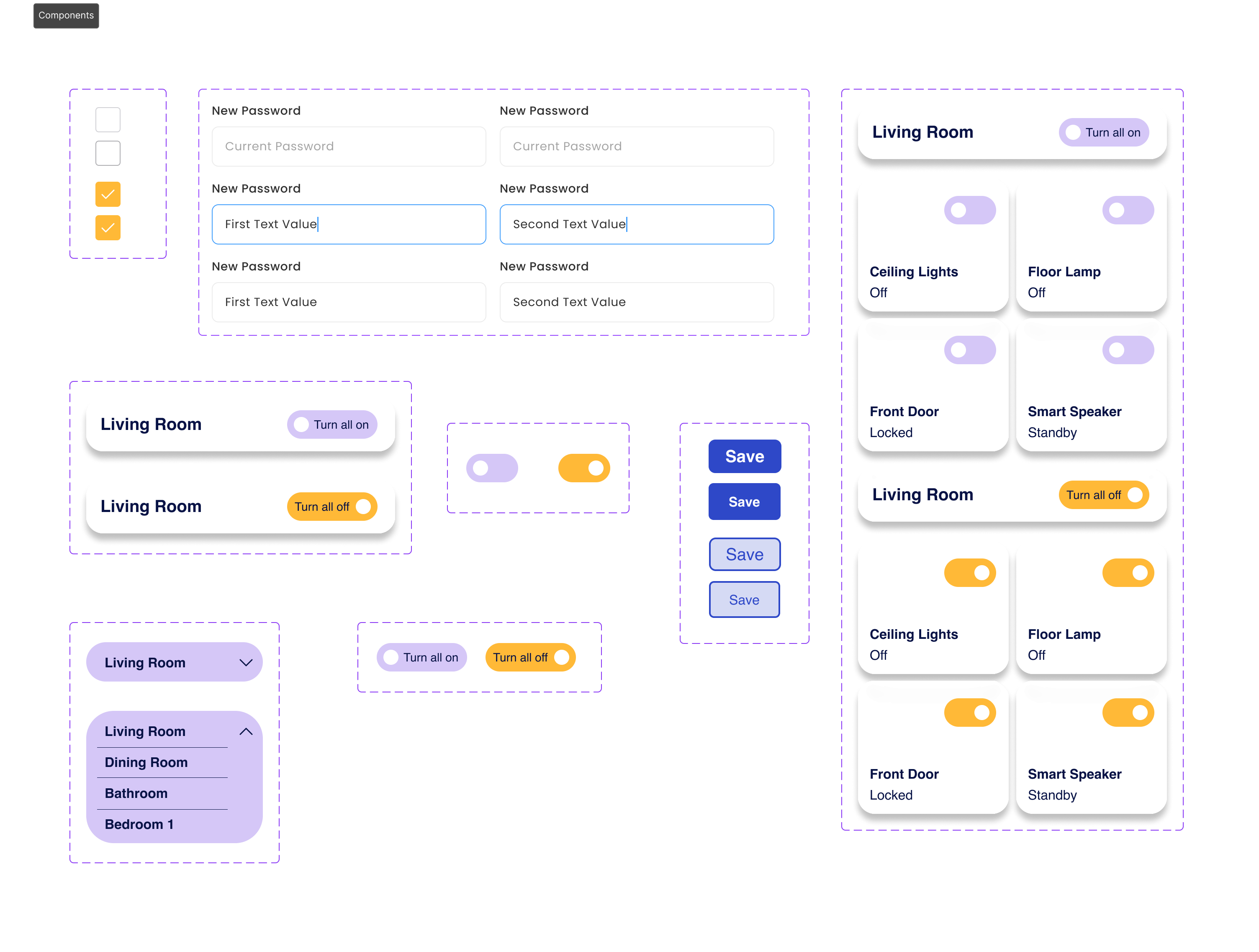 Omvia reusable UI components including text fields, checkboxes, toggles, buttons, room selectors, room controls, and device cards