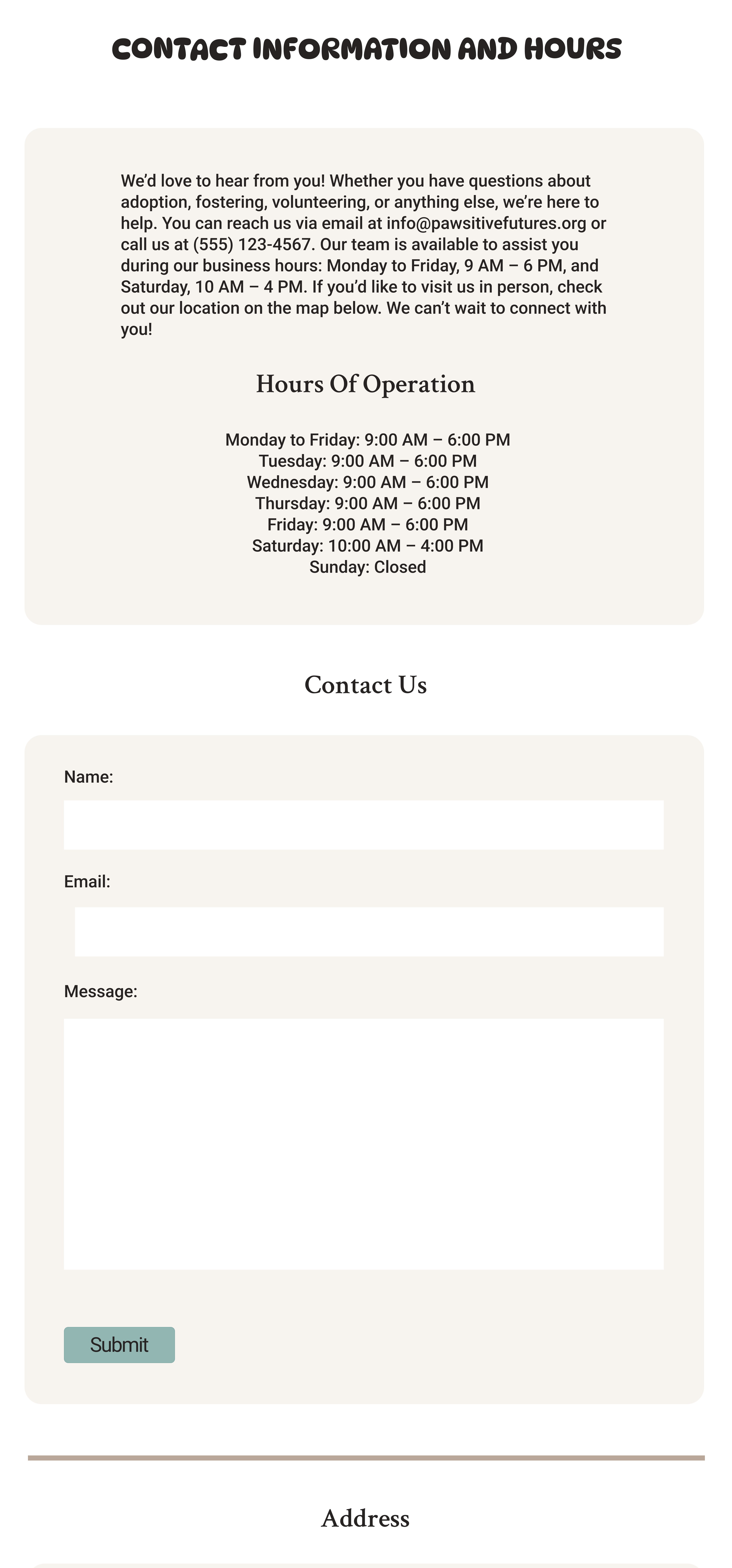 Original Contact page showing contact information, the Contact Us form, and address and map