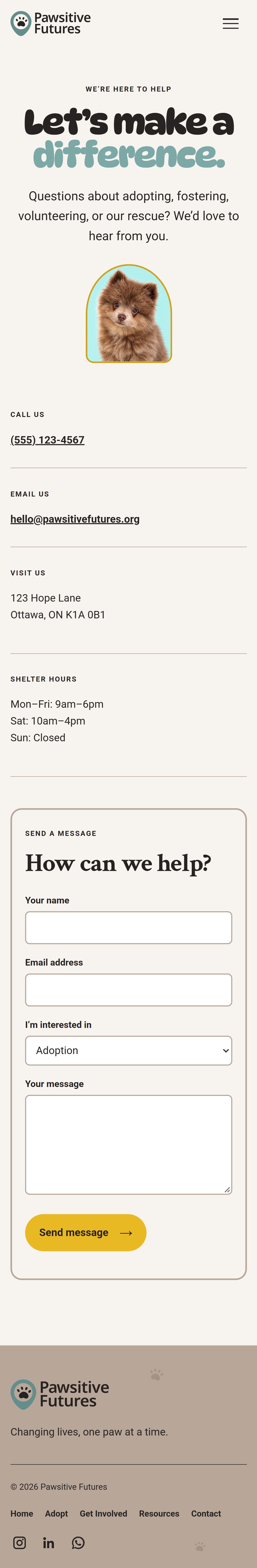 Final Contact page at mobile width