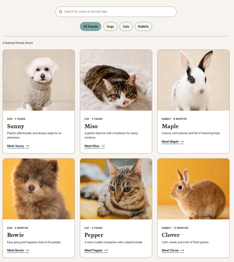 Default state with all six featured pets visible.