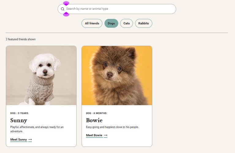 Dogs selected, reducing the results to the two matching pets.