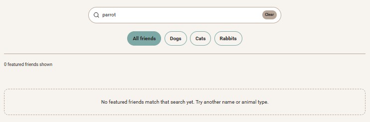 A search with no matches, showing the result count and empty-state feedback.